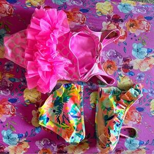 Cat & Jack Hot Pink Ruffle Swim One-Piece with Tropical Accent
